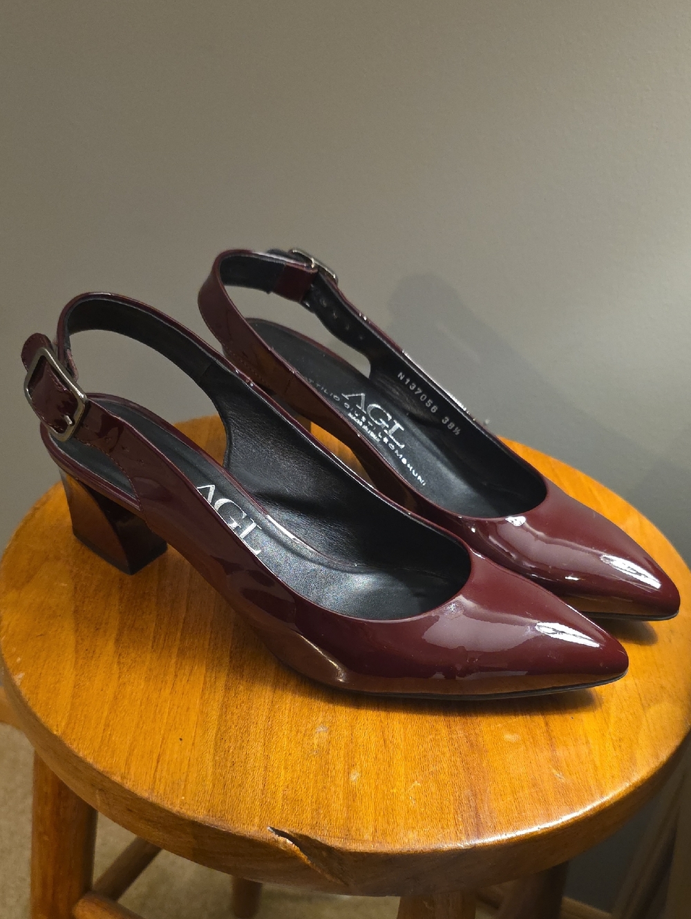 AGL Patent Leather Burgundy Slingback Block Heel Pumps EU 38.5